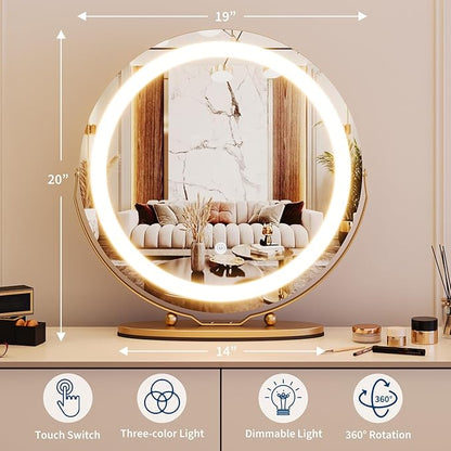 Garvee 19 in Vanity Mirror with Led Lights, Large Round Makeup Mirror with Touch Control and 3 Color Lighting Modes, Round Vanity Mirror for Bedroom, Tabletop, Living Room, Easy to Install, Gold