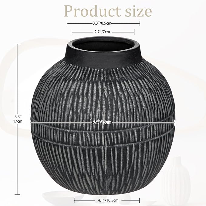 7" Short Rustic Vase with Geometric Linear Striations, Round Ceramic Vase Suitable for Leaves Stems & Flowers, Low-Profile & Cool Tone Style, Chunky, Small & Dark Grey