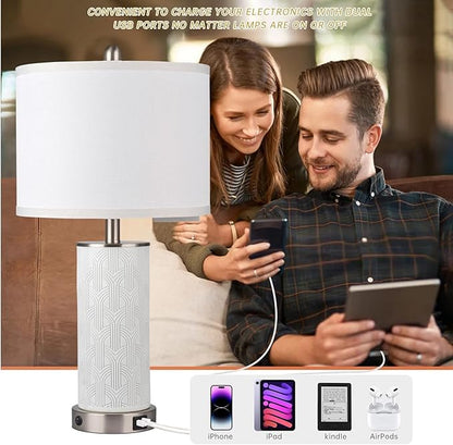 Irregular Ceramic Beautifully Engraved Decorative 25" Table Lamps Set of 2 with Nightlight,E26 Socket&Rotary Switch,USB A+C Ports,Modern Bedside Lamps for Nightstand,Bedroom(Bulbs Included)