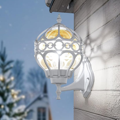 Globe Outdoor Wall Lights for Porch Patio Garage, White Aluminum Outdoor Light Fixtures Wall Mount, Sphere Waterproof Outside Wall Sconces Exterior House Lantern Lighting with Amber Glass, 2 Pack