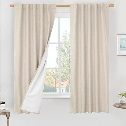 LAMIT 100% Blackout Linen Curtains 63 Inch Length, Linen Textured Thermal Bedroom Drapes Back Tab and Rod Pocket Neutral Panels with White Liner for Short Windows, 2 Panels, Oatmeal, 42 x 63 Inch