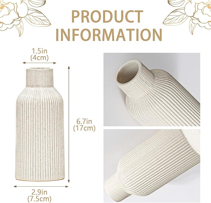 Bohemian Beige Ceramic Vase - for Pampas Grass, Mantel, Bookshelf, Entryway and Living Room Decor (Beige, 7in)