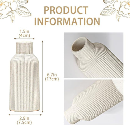 Bohemian Beige Ceramic Vase - for Pampas Grass, Mantel, Bookshelf, Entryway and Living Room Decor (Beige, 7in)