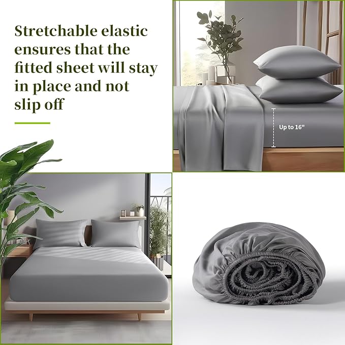 Shilucheng 100% Viscose Derived from Bamboo_ Sheets Full Size 4pcs - Ultra Cooling & Silky Soft Bed Sheets, 16" Deep Pocket, Perfect for Hot Sleepers, Hotel Bedding Sheets (Grey)