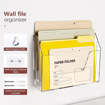 Wall Hanging File Folder Organizer for Desk, 3-Tier Acrylic Magazine Rack Wall Mount File Holder, Clear Paper Document Office Organizer - 1 Pack