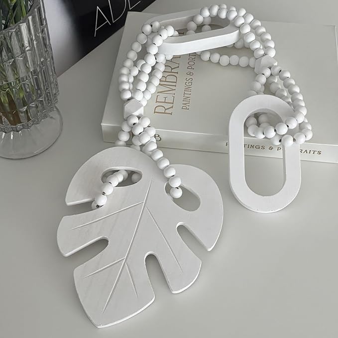 Unique Wood Beads with Chain Link and Leaf, Decorative Beads Home Decor, Knot Beaded Garland Decor, Housewarming Gift, White
