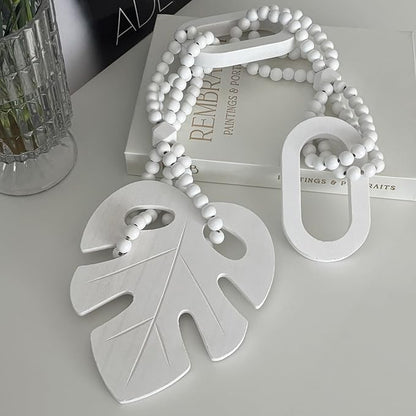 Unique Wood Beads with Chain Link and Leaf, Decorative Beads Home Decor, Knot Beaded Garland Decor, Housewarming Gift, White
