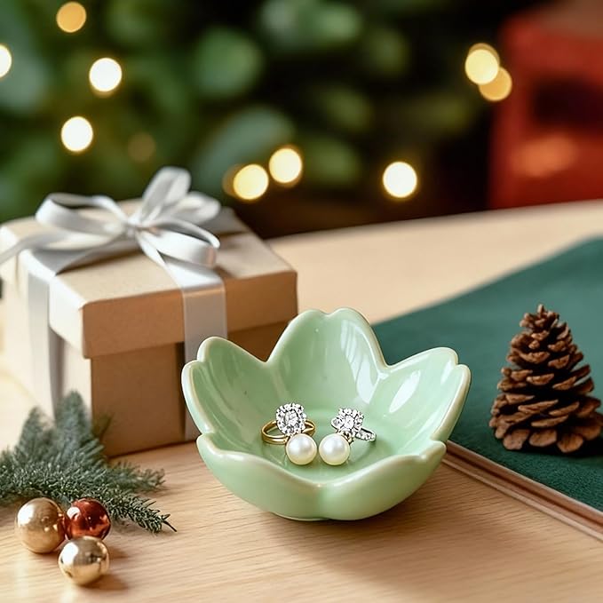 Sage Green Flower Ring Dish Ceramic Jewelry Tray, Small Trinket Dish Ring Bowl Jewelry Holder Organizer for Vanity/Bathroom/Nightstand, Birthday/Xmas/Engagement Gift for Women/Best Friends/Bride