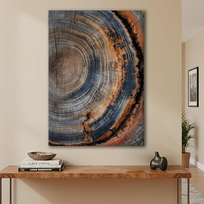 IBHJSART Framed Tree Ring Canvas Wall Art Vintage Colorful Wood Stump Painting Prints Modern Minimalist Pictures Neutral Nature Rustic Farmhouse Decor Living Room Bedroom Bathroom Office