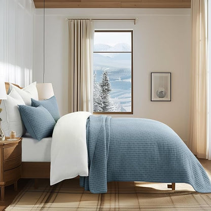 EVERGRACE x Kinsey Walsh Cross Stitch Pre-Washed Cotton Quilt Bedding Set Queen Size, Oversized 3 Pieces Lightweight Bedspread Coverlet for All Season, with 2 Matching Shams, Dusty Blue, 92"x96"