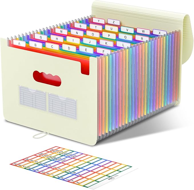 ABC life 26 Pockets Accordion File Organizer, Expanding File Folder, Portable Monthly Paper Bill Tax Receipt Organizer, Letter A4 Size Document Organizer with Blank Labels - Beige Color
