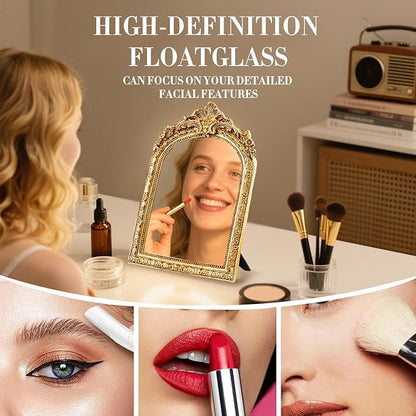 YUSONG Vintage Makeup Mirror for Tabletop - 8" Antique Gold Arched Desk Mirrors with Resin Frame Vanity Table Mirror for Bedroom Living Room Retro Decor