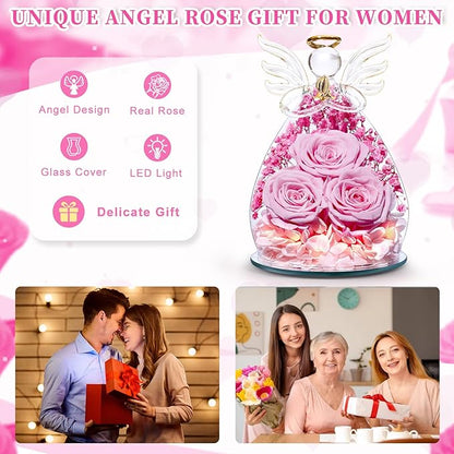 Beferr Valentines Day Rose Gifts for Her Women Mom Gifts for Birthday, Fresh Flowers for Delivery Forever Preserved Rose in Glass Angel Figurine, for Grandma Wife Kids Daughter