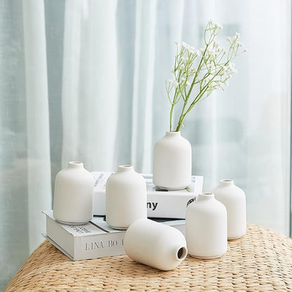 Small White Ceramic Vases Set 6 for Decor, Boho Bud Vases for Dry Flower, 4.1''H x 3''W White Ceramic Vases for Centerpieces, House Plants, Wedding, Home, Modern, Minimalist