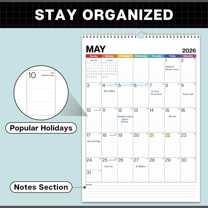 Dunwell Large Wall Calendar 2026, 12x17 (Colorful), Big Grid 12 x 17 Hanging Monthly Calendar with Large Daily Blocks, Premium Paper, Use Jan to Dec 2026