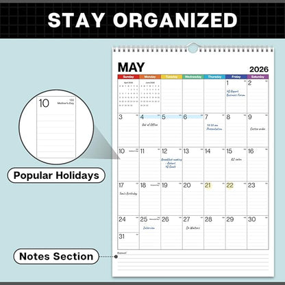 Dunwell Large Wall Calendar 2026, 12x17 (Colorful), Big Grid 12 x 17 Hanging Monthly Calendar with Large Daily Blocks, Premium Paper, Use Jan to Dec 2026