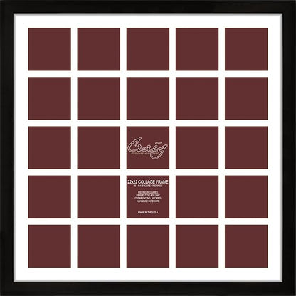 Craig Frames 22x22 Picture Frame - Black Contemporary Style 1WB3BK, 1 inch Wood Composite Moulding, Smooth Wrap Finish, Acrylic, White Collage Mat with 25 Openings - Wall Display for 4x4 Photos