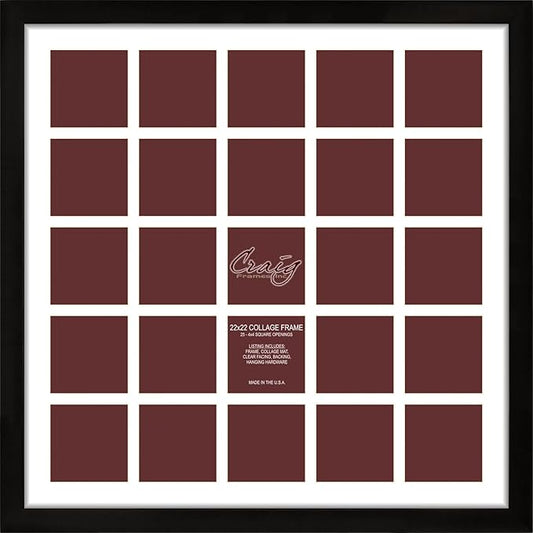 Craig Frames 22x22 Picture Frame - Black Contemporary Style 1WB3BK, 1 inch Wood Composite Moulding, Smooth Wrap Finish, Acrylic, White Collage Mat with 25 Openings - Wall Display for 4x4 Photos