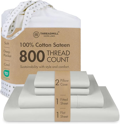 Threadmill Luxury 800 Thread Count California King 100% Cotton Sheets - Light Grey Sateen Weave Bed-Sheets, Better Than Egyptian Cotton, 4 Pc Solid Bed Set, Fits 16" Deep Pocket
