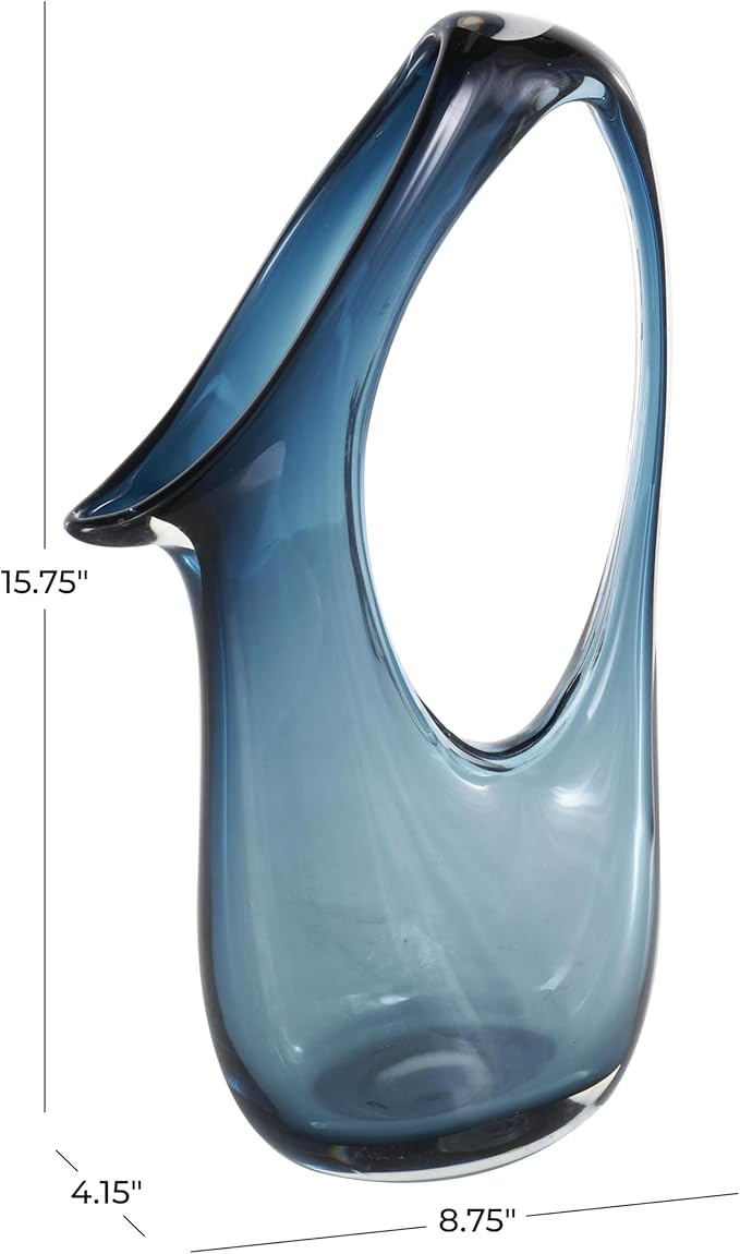 Deco 79 Glass Abstract Decorative Vase Ombre Centerpiece Vase with Cutout Handle and Elongated Opening, Flower Vase for Home Decoration 9" x 4" x 16", Blue