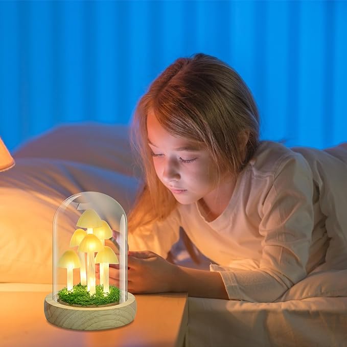 QUELIEN Christmas Mushroom Lamp in Glass Dome,Mushroom Gifts for Women - Warm White LED Night Light for Bedroom Decor,Unique Gifts for Women, Housewarming Birthday Decorations