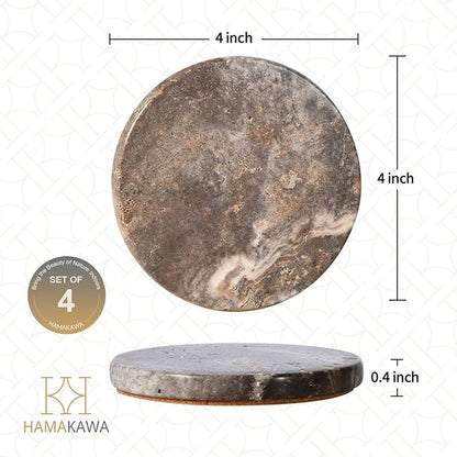 Natural Travertine Marble Coasters Set of 4, Round Gray Stone 4 Inch, Modern Drink Coasters for Home Decor, Coffee Table, Office