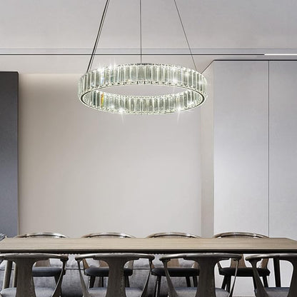 Modern Crystal Chandeliers Dimmable LED 20inch Ring Chandelier with Remote, Round Crystal Pendant Light for Kitchen Dining Room Living Room Bedroom