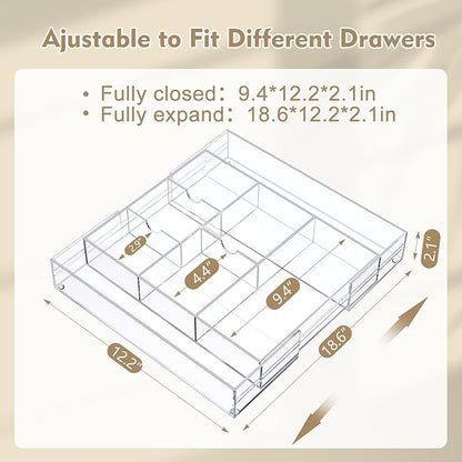 2 Pcs Acrylic Desk Drawer Organizer Maximum 12 x 18 x 2.1 Inch Expandable Drawer Organizer Trays with 8 Adjustable Compartments Desk Accessories for Makeup Silverware Office Bathroom