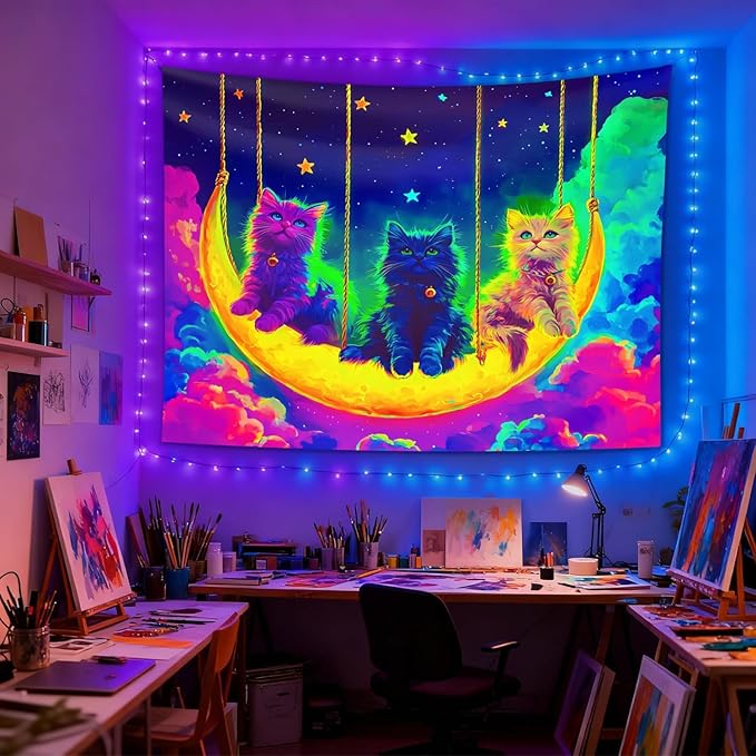 seewan Black Light Psychedelic Cat Tapestry, Glow-in-the-Dark UV Neon Multicolor Cat Tapestry, Psychedelic Multicolor Animal Art Tapestry, Bedroom Dorm Living Room Background Decor