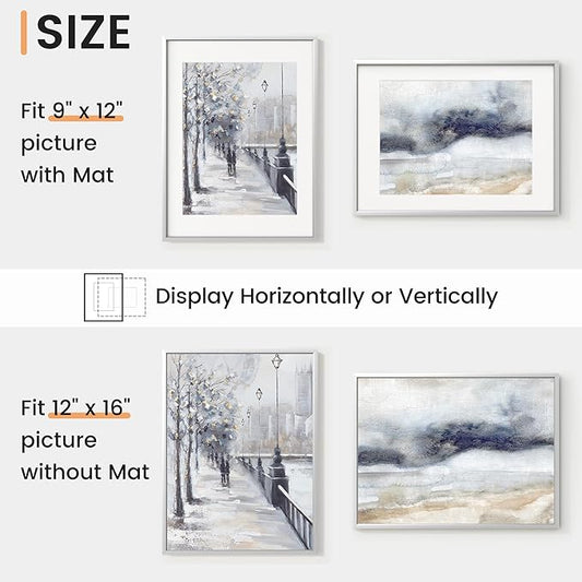 12x16 inch Metal Picture Frame - 12 x 16 Thin Aluminum Photo Frames with 9x12 Removable Mat - High Definition Plexiglass - Vertical and Horizontal Display - Wall Hook Hanging Hardware Included - Silver, Set of 1