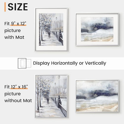 12x16 inch Metal Picture Frame - 12 x 16 Thin Aluminum Photo Frames with 9x12 Removable Mat - High Definition Plexiglass - Vertical and Horizontal Display - Wall Hook Hanging Hardware Included - Silver, Set of 4