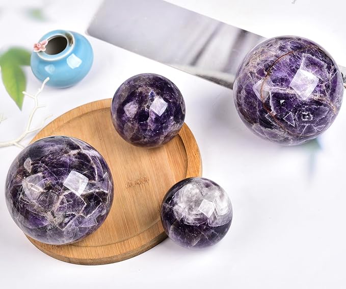 JIC Gem Chevron Amethyst Crystal Ball Healing Crystals Sphere with Wooden Stand Meditation Home Decor 2.3-2.7 inch (60-70mm)