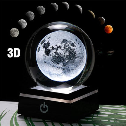 Qianwei 3D Moon Model Crystal Ball Led Lamp Base - Space Decor World Globe Planets Sphere Night Light 80mm 3.15 Inch - Solar System Decor Best Birthday Astronomy Gifts for Men Physics Science Teacher