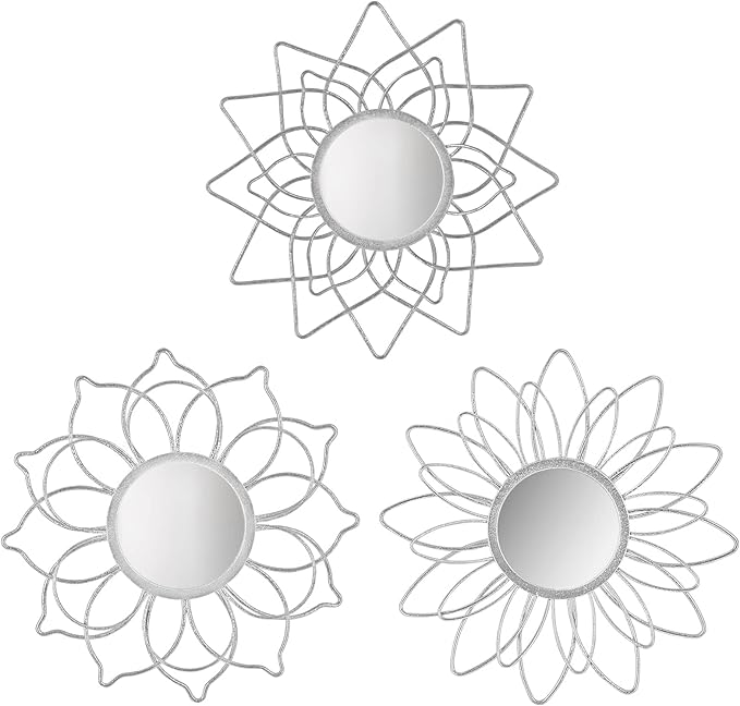 Silver Mirrors for Wall, 9 inch Metal Flower Mirrors Home Christmas Decoration, Christmas Wall Art Decorative Mirror Small Mirror for Living Room Bedroom, Entrance Set of 3