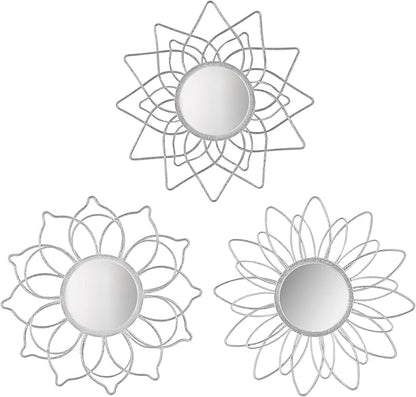 Silver Mirrors for Wall, 9 inch Metal Flower Mirrors Home Christmas Decoration, Christmas Wall Art Decorative Mirror Small Mirror for Living Room Bedroom, Entrance Set of 3