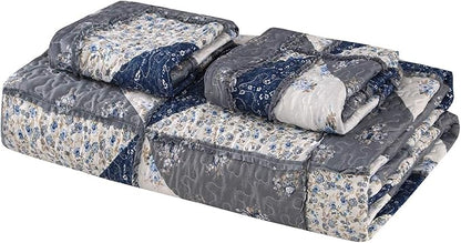 Full Queen Size Patchwork Quilt Set Grey Floral Reversible Quilted Bedspread Coverlet Set 3-Piece Lightweight Comforter Stitched Quilt Bedding Set Bed Sheet Set Cover Blanket with 2 Pillow Shams