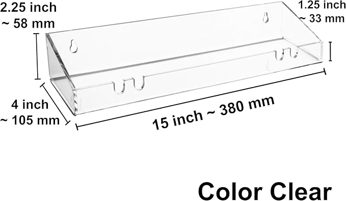 AMT 2 Pack Acrylic Floating Shelves, 15" L x 4" W, Clear Bathroom Wall Shelf, Bookshelves, Invisible Display for Office, Bedroom, Hanging Slots for Bath Sponge & Others Items, Free Screws & Drill Bit