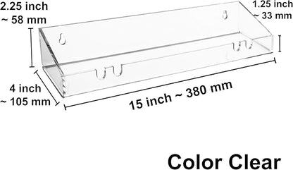 AMT 2 Pack Acrylic Floating Shelves, 15" L x 4" W, Clear Bathroom Wall Shelf, Bookshelves, Invisible Display for Office, Bedroom, Hanging Slots for Bath Sponge & Others Items, Free Screws & Drill Bit