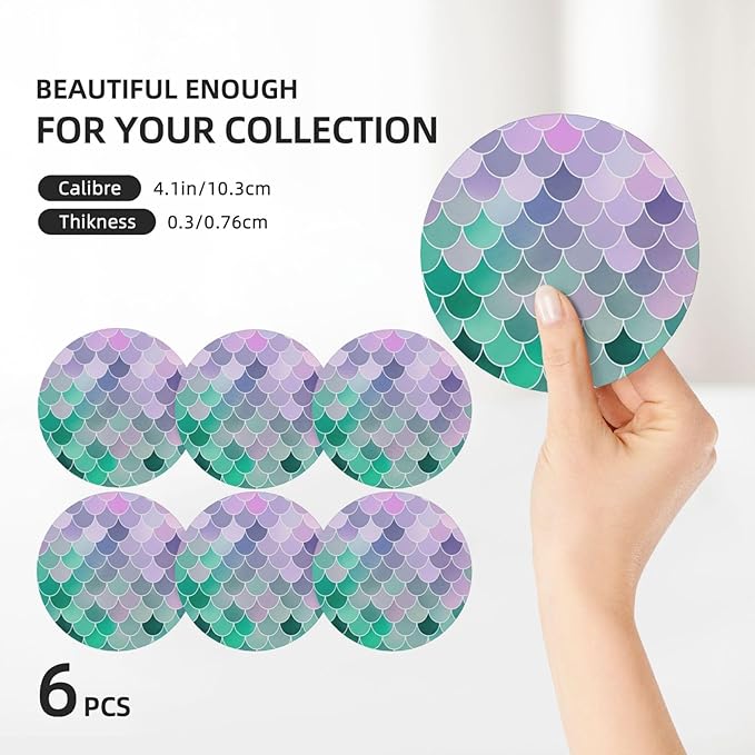 6 Pcs Ceramic Coasters with Holder Absorbent Drink Round Teal Pink Mermaid Fish Scales Design for Home Table Coffee Cup Wine Beer Bar,Size 4.4 inches
