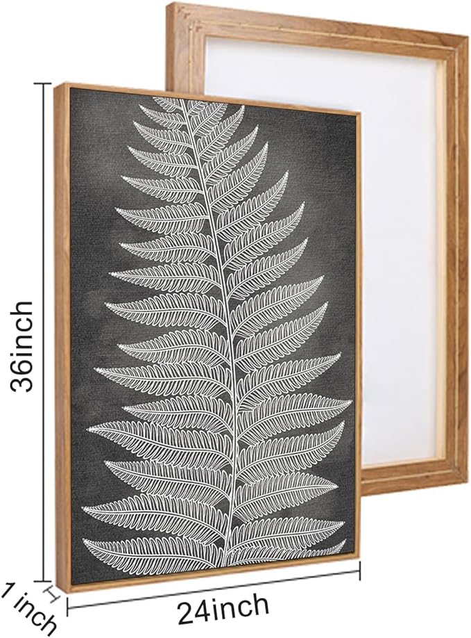 HLNIUC Botanical Neutral Framed Wall Art Set, Abstract Fern Leaf Canvas Wall Decor, Vintage Rustic Plant Wall Painting, Black Beige Nature Art Print for Living Room, Bedroom, Office - 24"x36"x3