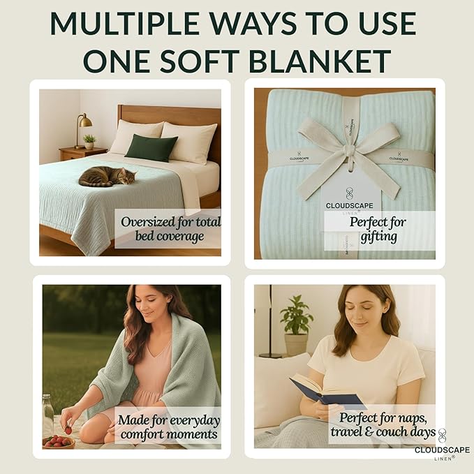 Cloud Scape Linen 8-Layer Muslin Blanket King Size for Adult - 100% Cotton, Breathable and Soft, Perfect Winter Cozy Blanket, Fits up to California King Bed, 92x108, Seafoam