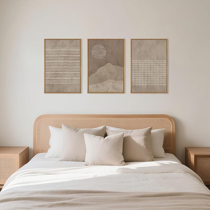 Large Mid Century Tan and Beige Framed Canvas Wall Art,Neutral Lines Dots Wall Decor,Abstract Sunset and Mountain Artwork,Boho Textured Shapes Art Print for Living Room,Bedroom,Office-16"x24"x3