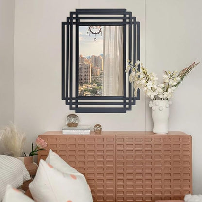 Rectangle Vanity Mirror, 24"x18" Geometric Art Deco Mirror with Metal Frame, Modern Elegant Wall Mirrors for Living Room Bathroom Bedroom Entryway, Hangs Vertically or Horizontally