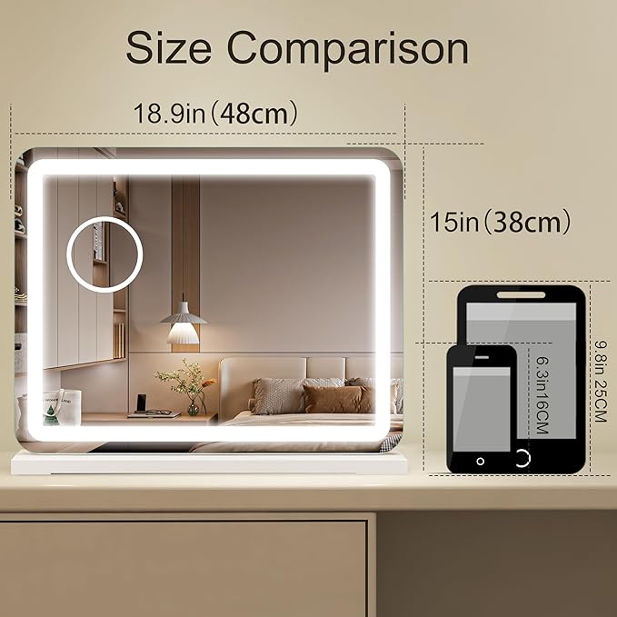 STARLEAD 19" x 14" Makeup Mirror with Lights and 10X Magnification, 3-Color Dimmable LED Lighting & Touch Control, USB Charging Port for Travel/Dressing Room