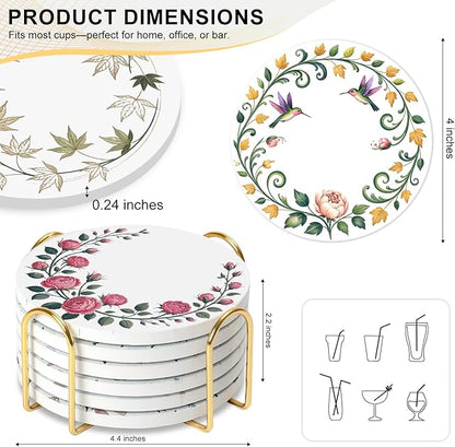 Ceramic Coasters Set of 6 with Holder, Wreath Style, Absorbent Drink Coaster Set for Home Decor, Cups, Mugs and Glasses (Sage Green Floral Wreath)