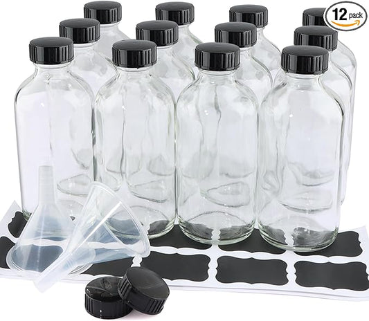 12 Pack 8 oz Clear Glass Bottles, 240ml Boston Round Sample Bottles with Black Poly Cone Caps, Labels and Funnels