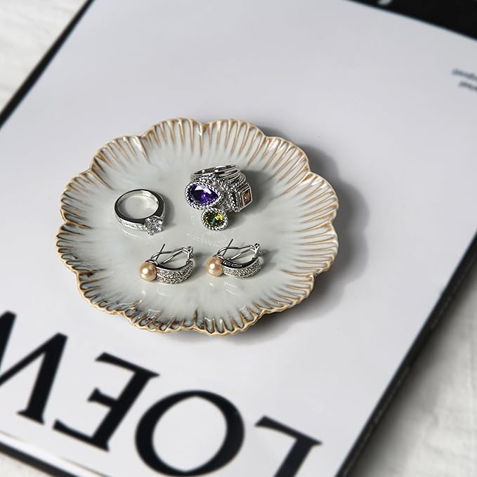 Ceramic Jewelry Dish, Decorative Tray for Rings Earrings Necklaces Bracelet Watch Keys, 4.50" Trinket Tray as Gifts for Women (Reactive Flower)