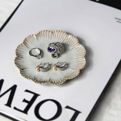 Ceramic Jewelry Dish, Decorative Tray for Rings Earrings Necklaces Bracelet Watch Keys, 4.50" Trinket Tray as Gifts for Women (Reactive Flower)