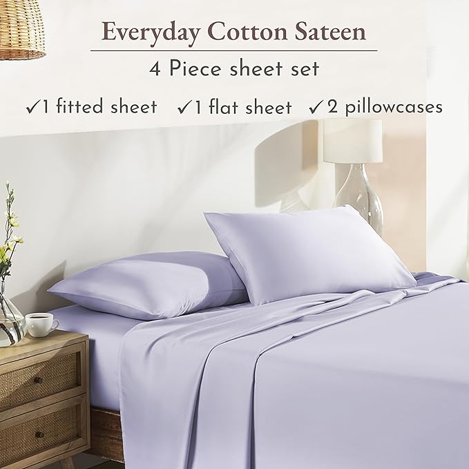 California Design Den King Size Sheets Set - Natural 100% Cotton Sheets King, Soft Sateen Weave, Fully Elasticized Deep Pockets, Breathable and Durable Bedding - Lavender