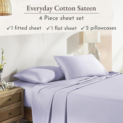 California Design Den King Size Sheets Set - Natural 100% Cotton Sheets King, Soft Sateen Weave, Fully Elasticized Deep Pockets, Breathable and Durable Bedding - Lavender